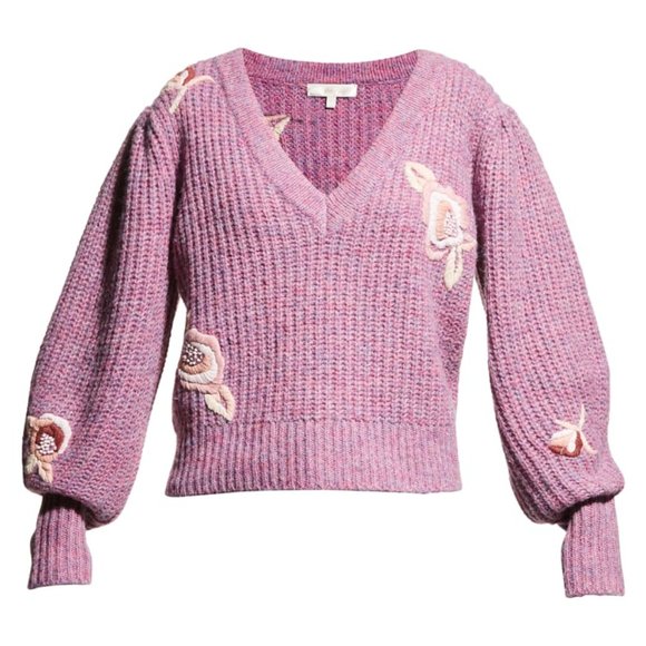 LoveShackFancy "Ridge" knit sweater PINK pastel floral embroidery in Medium NWT - Picture 1 of 6